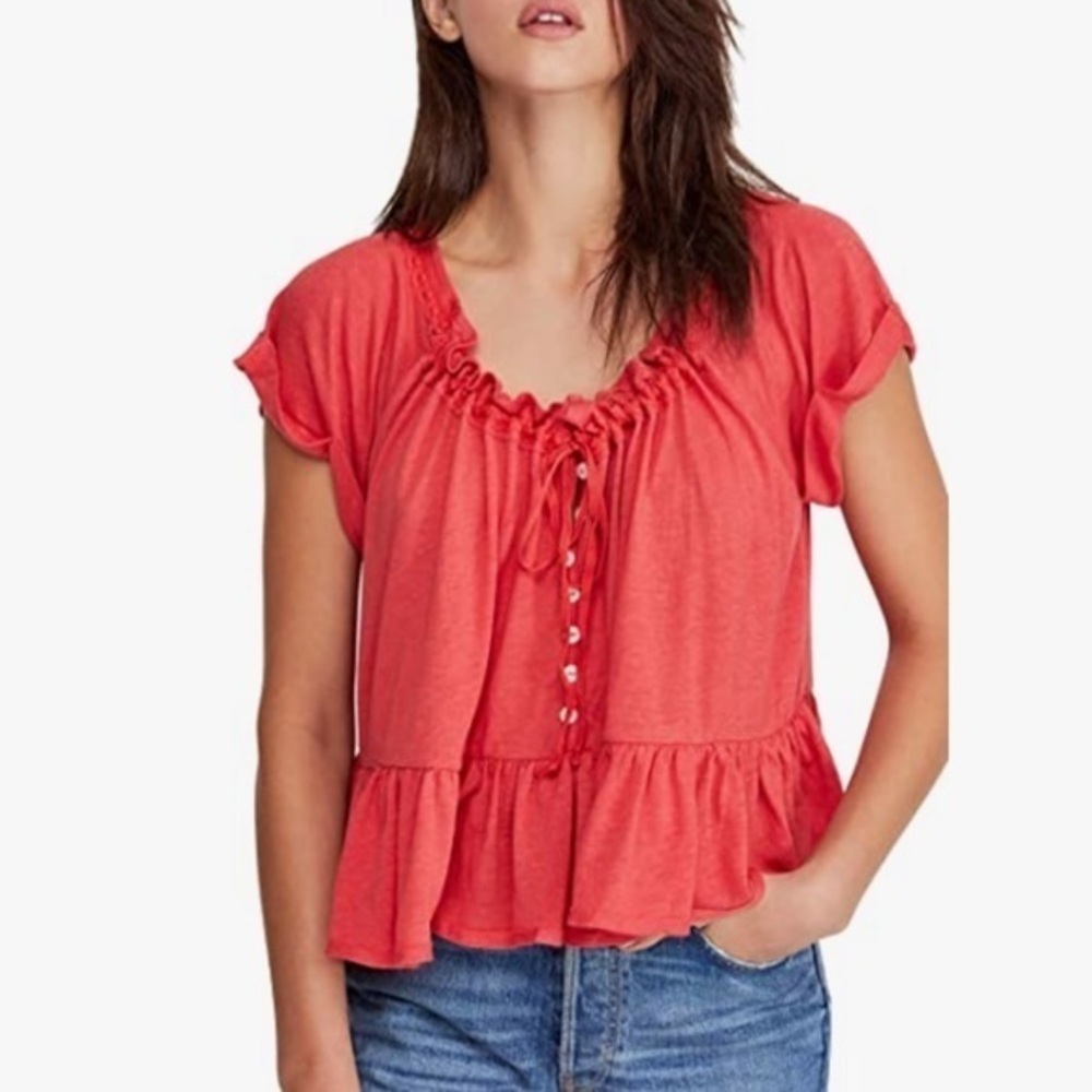 Free People Womens Charlie Ruffled Relaxed T-Shirt